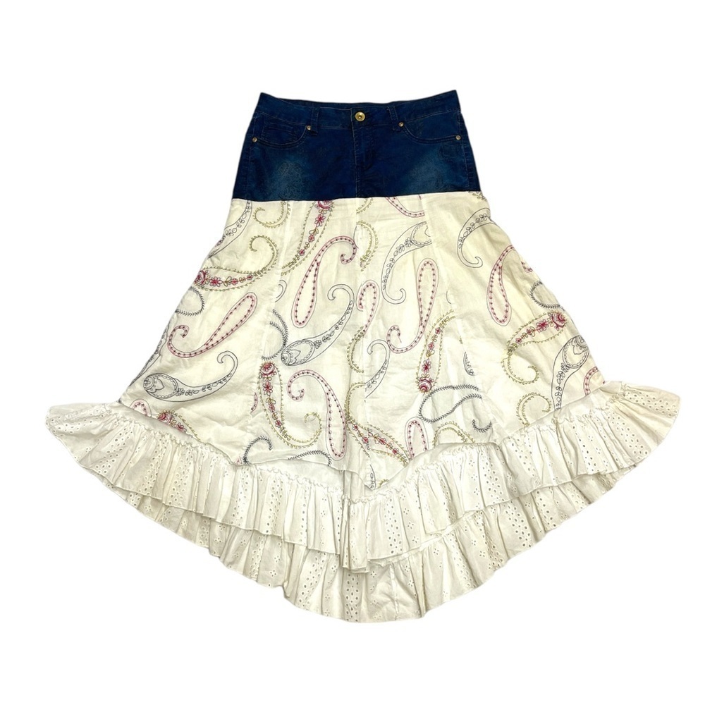 Reworked maxi Skirt size 8 Asymmetric denim Fishtail eyelet Hem paisley